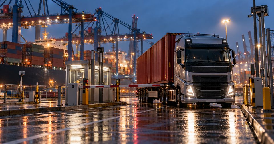 Container-Lkw mit rotem 40-Fuß-Container an der Schranke eines Terminal-Gates, dahinter Containerbrücken, abends bei Regen